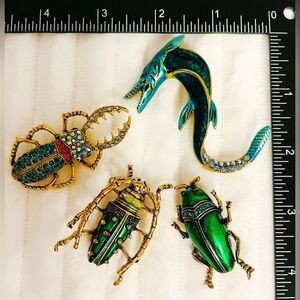 Lot 4 Vintage Style Enamel Brooches Beetles & Sea Monster Rhinestone Bug Pins